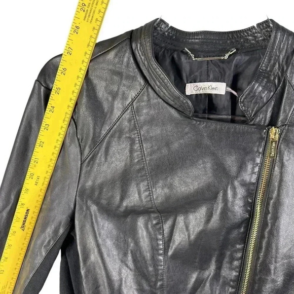 Calvin Klein Size 8 Vegan Black leather jacket gold hardware Asymmetrical Lined - Picture 11 of 16